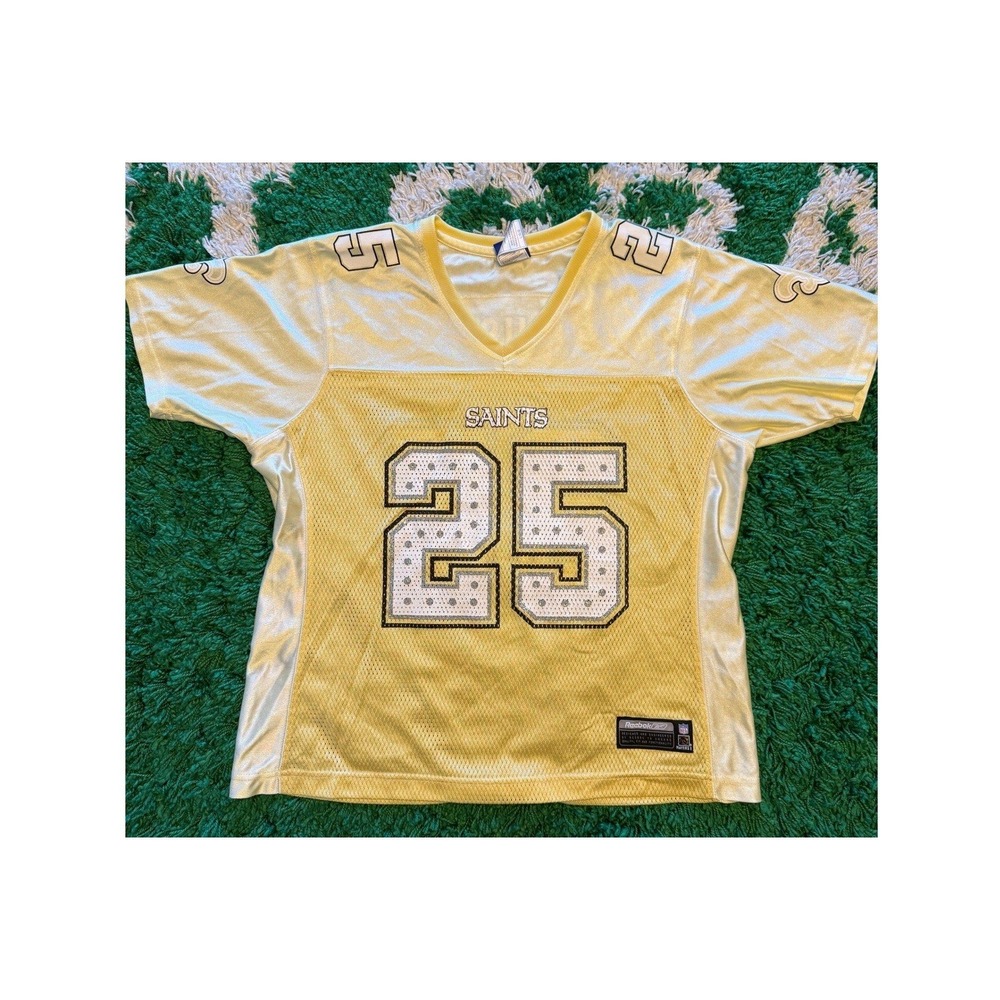 Y2K Reebok NFL Saints Jersey Womens L Gold Excellent Reggie Bush 25 Glitter Mesh